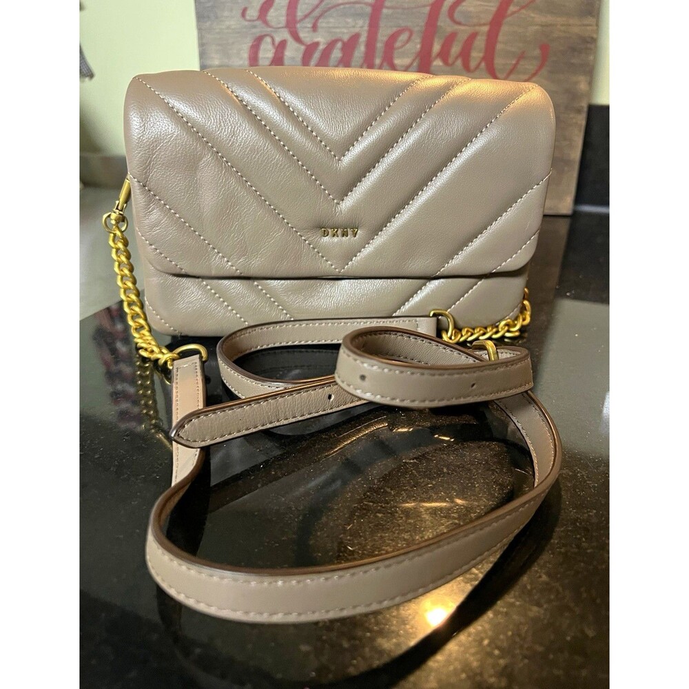 DKNY Taupe Chevron Quilted Leather Flap Crossbody Shoulder Bag Gold Chain